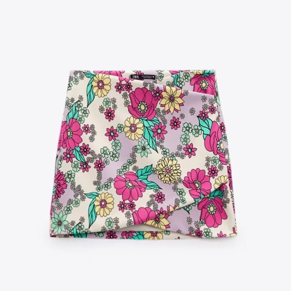 Zara Only One Floral Mini Skirt Size Medium High Rise Pink Purple Flowers Bright